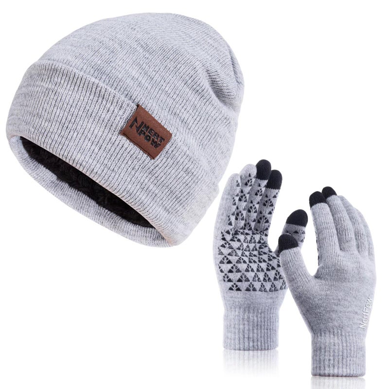 Nertpow Winter 1-3 PCS Beanie Hat Gloves Scarf for Men and Women, Knit Thick Fleece Lined Warm Touchscreen Gloves Beanie Infitiny Scarf Set (Gloves&Beanie Light Gray White) - Image 1